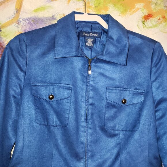 Evan Picone Blue Suede-like Zip Blazer With Gold Buttons and Pockets - Picture 4 of 13